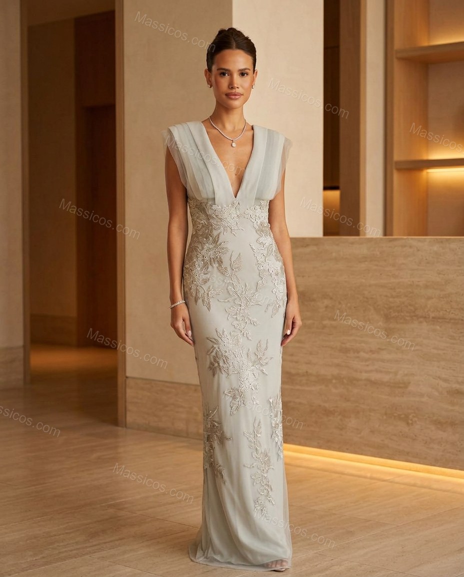 Light Blue-grey Floral Maxi Embroidered Dress, full-length hero view, by Massicos