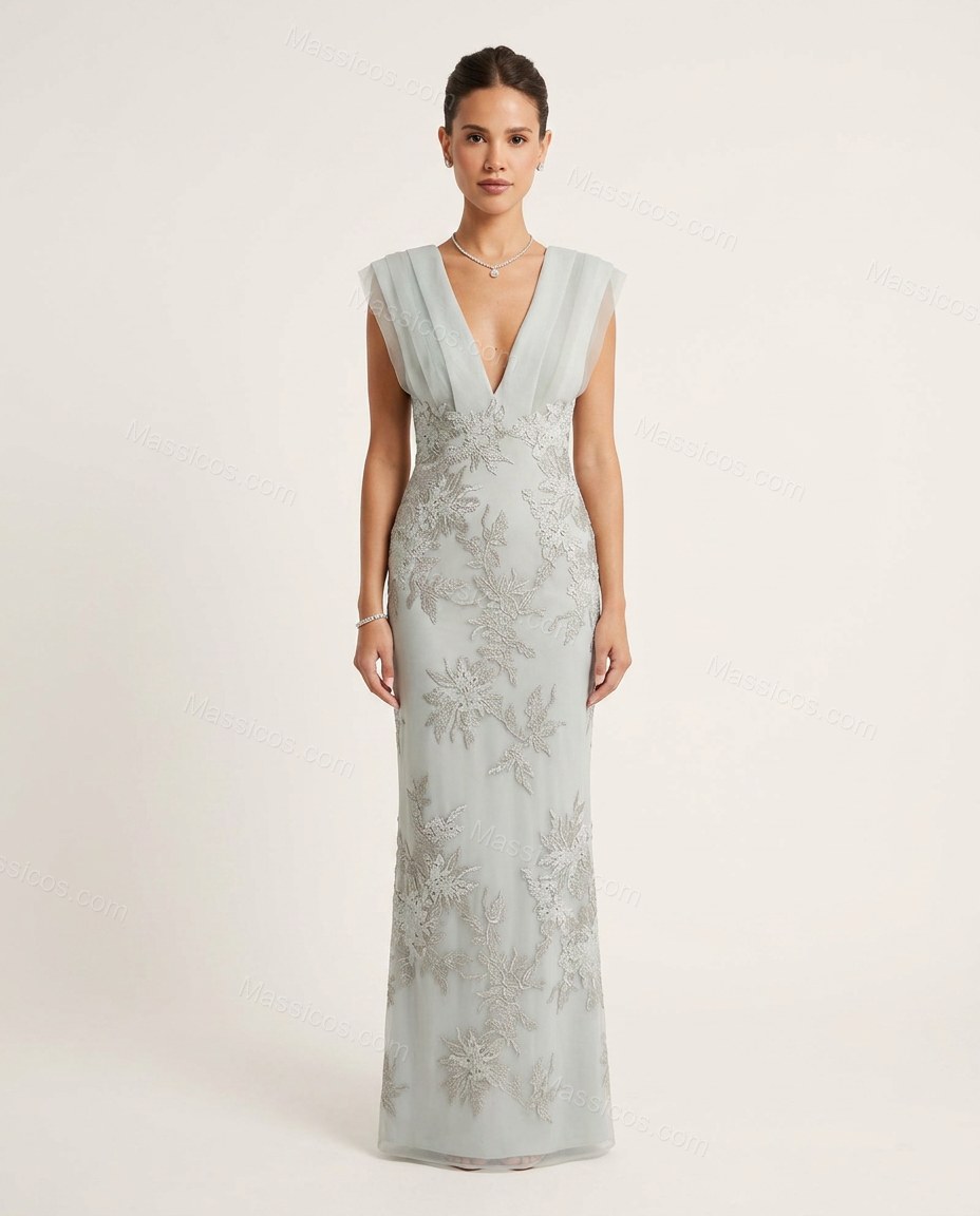 Light Blue-grey Floral Maxi Embroidered Dress, front studio view, by Massicos