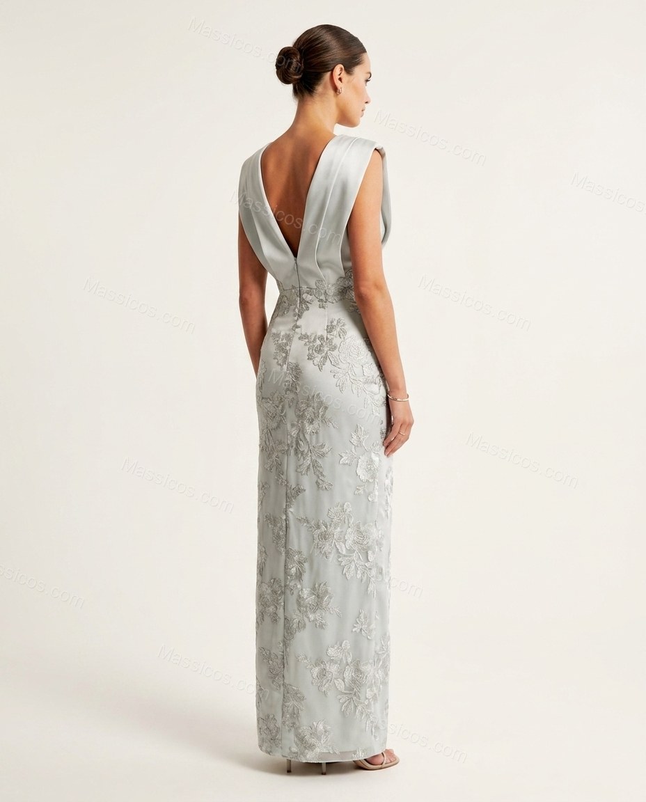 Light Blue-grey Floral Maxi Embroidered Dress, back studio view showing v-shaped back with no visible details, by Massicos