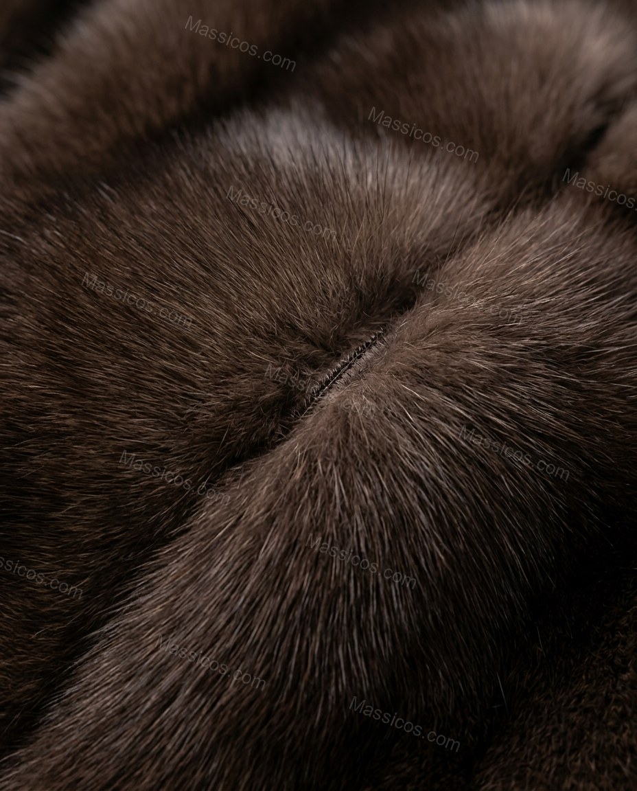 Dark Brown Jacket, close-up of plush fur texture, cropped length and voluminous sleeves, by Massicos