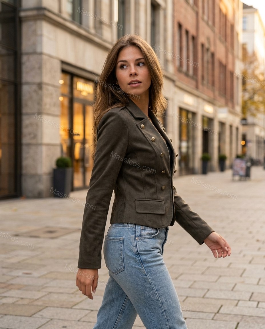 Dark Olive Green Two-Piece Set, walking lifestyle view, by Massicos