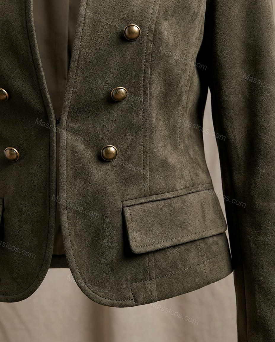 Dark Olive Green Two-Piece Set, close-up of lapels, decorative buttons and flap pockets, by Massicos
