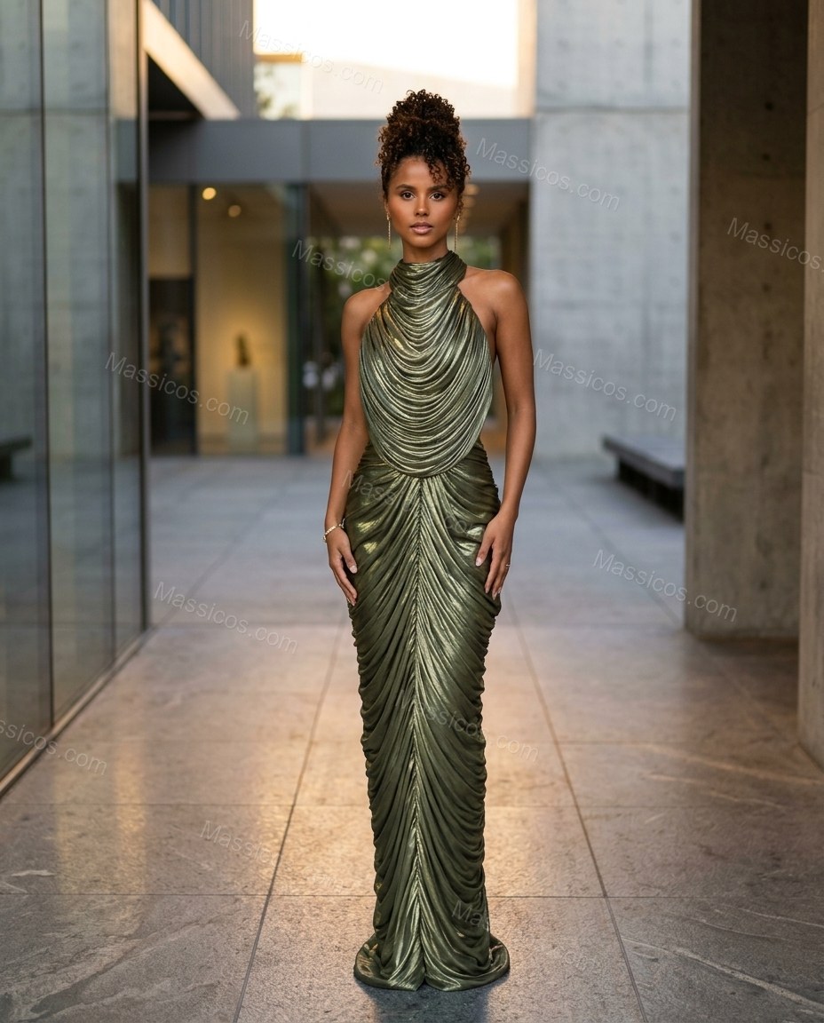 Olive Green Maxi Open-Back Cowl-Neck Dress, walking lifestyle view, by Massicos