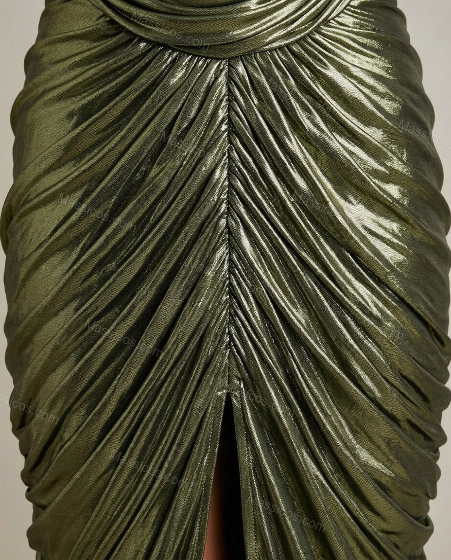Olive Green Maxi Open-Back Cowl-Neck Dress, close-up of open back, side slit and halter neckline, by Massicos