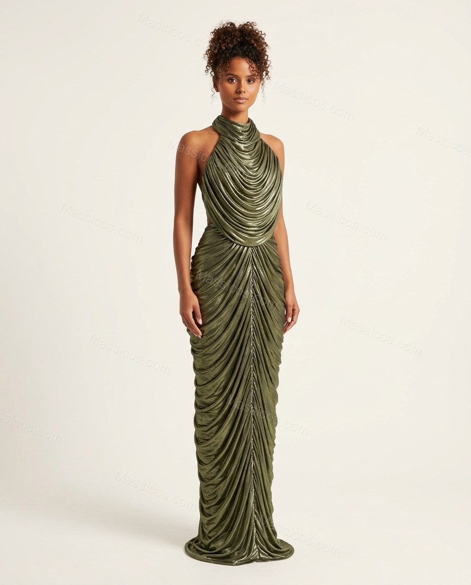 Olive Green Maxi Open-Back Cowl-Neck Dress, front studio view, by Massicos