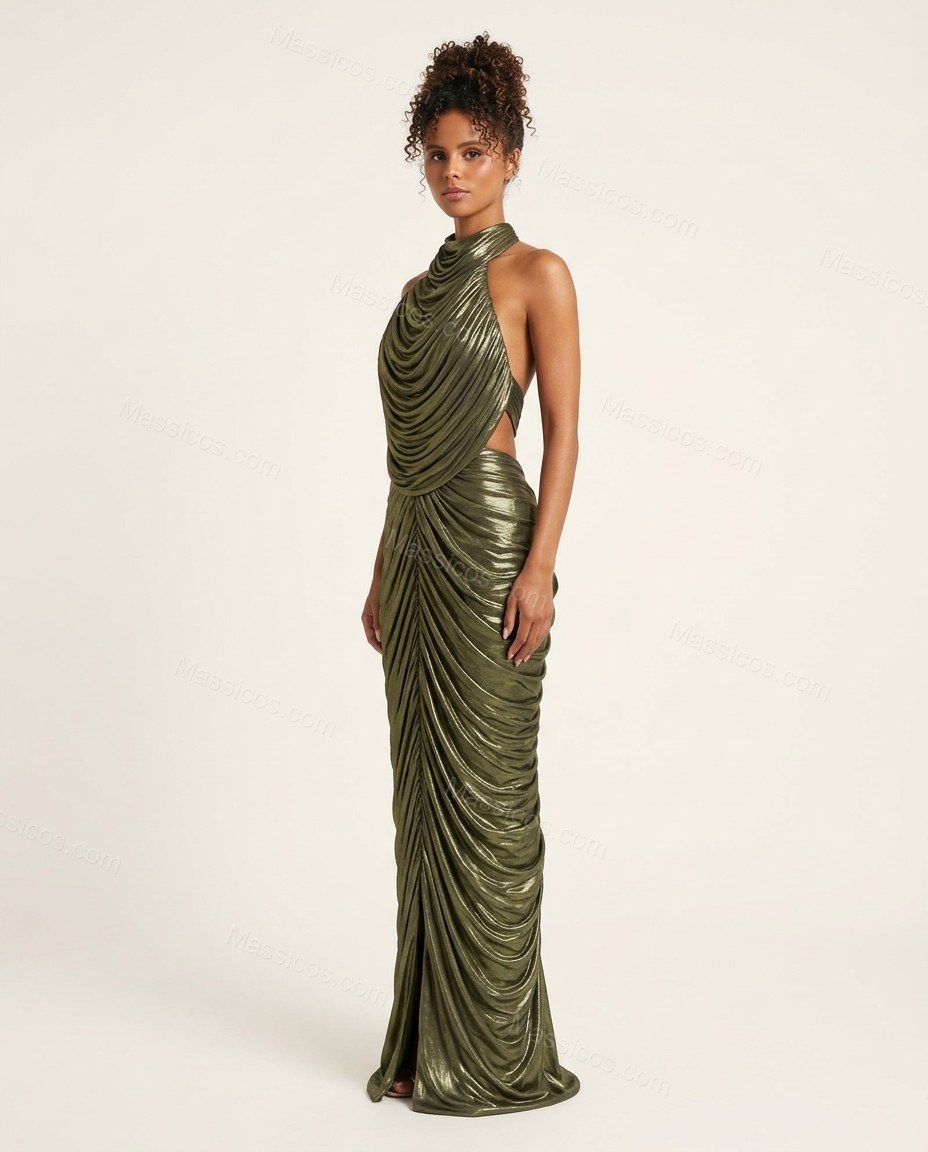Olive Green Maxi Open-Back Cowl-Neck Dress, side and back studio view, by Massicos