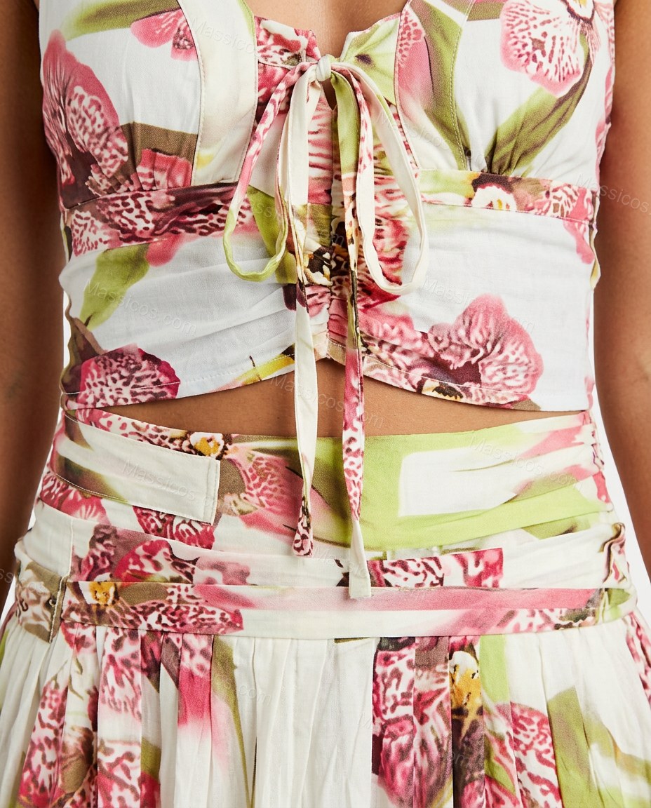 White Floral Mini Halter Top & Skirt Set, close-up of floral, by Massicos