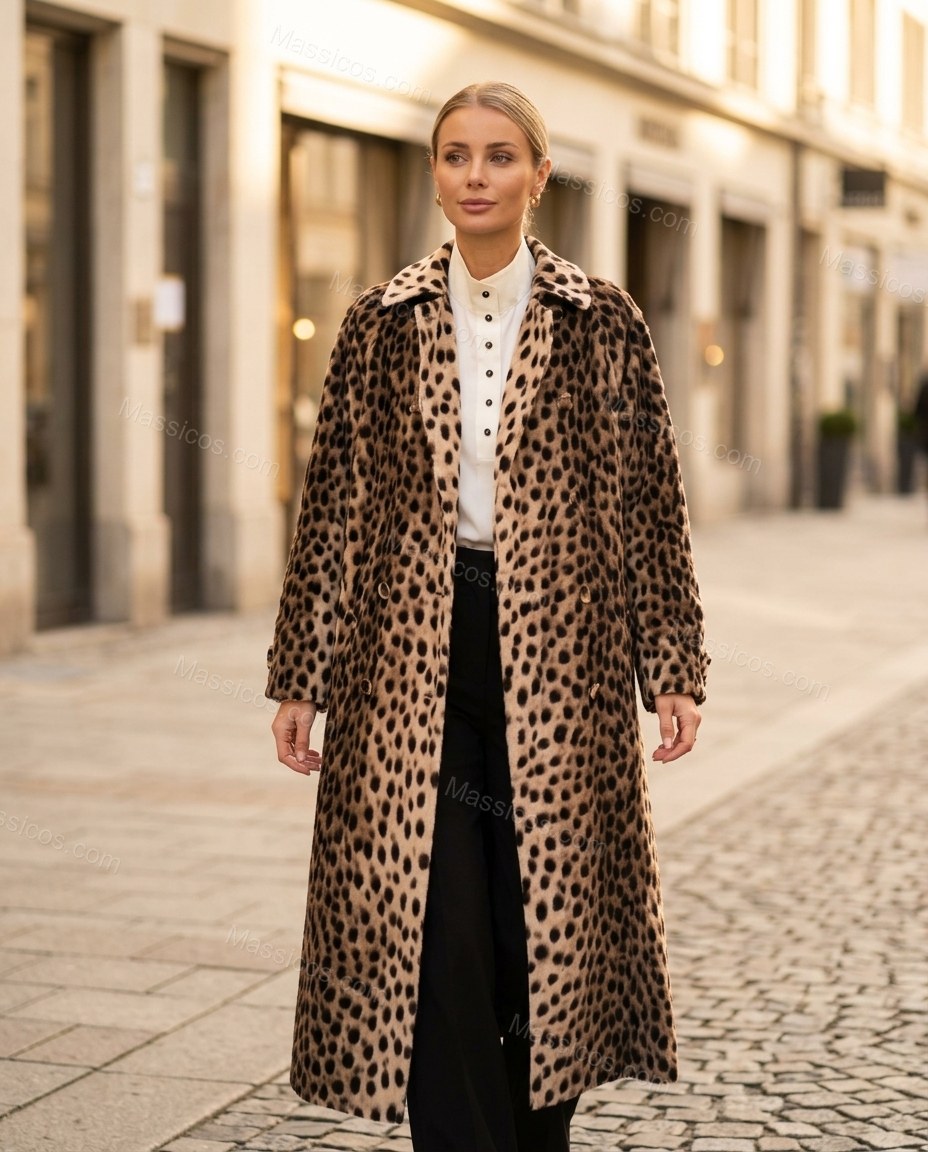 Beige Leopard Print Coat, walking lifestyle view, by Massicos