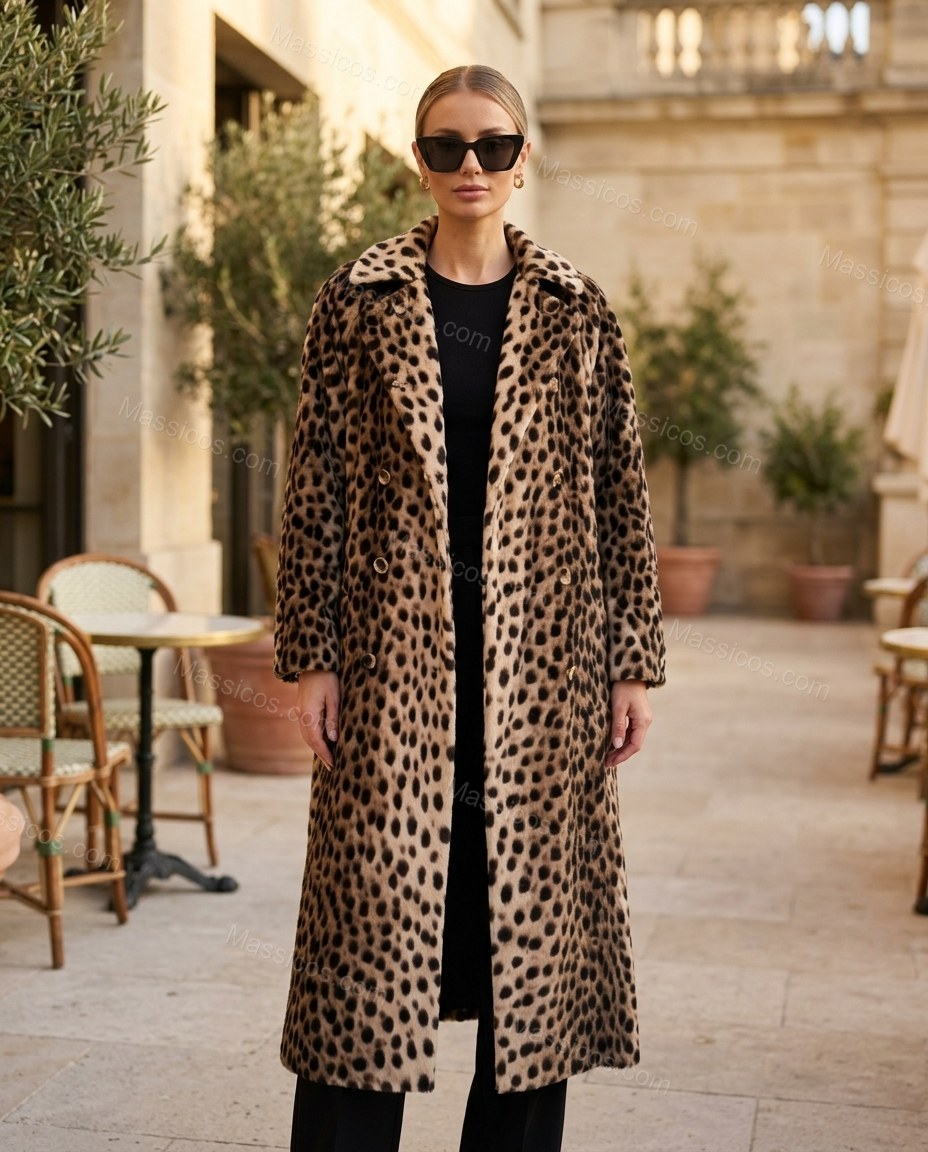 Beige Leopard Print Coat, three-quarter brand lifestyle view, by Massicos