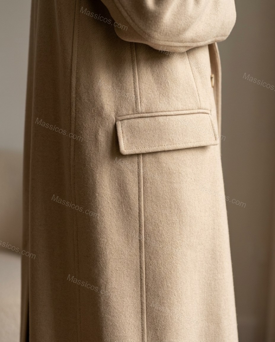 Beige Coat, close-up of double-breasted, notched lapels and front flap pockets, by Massicos