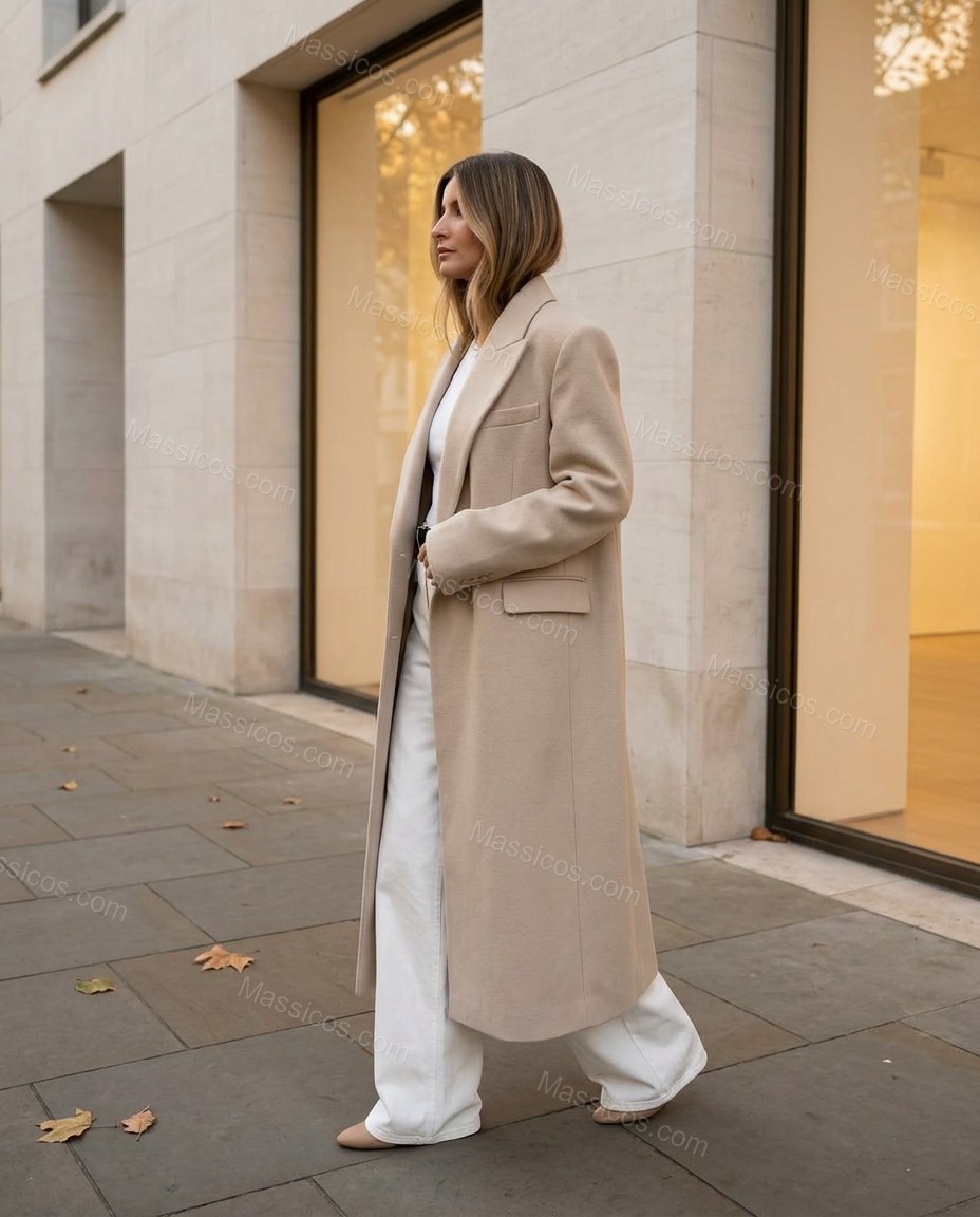 Beige Coat, walking lifestyle view, by Massicos