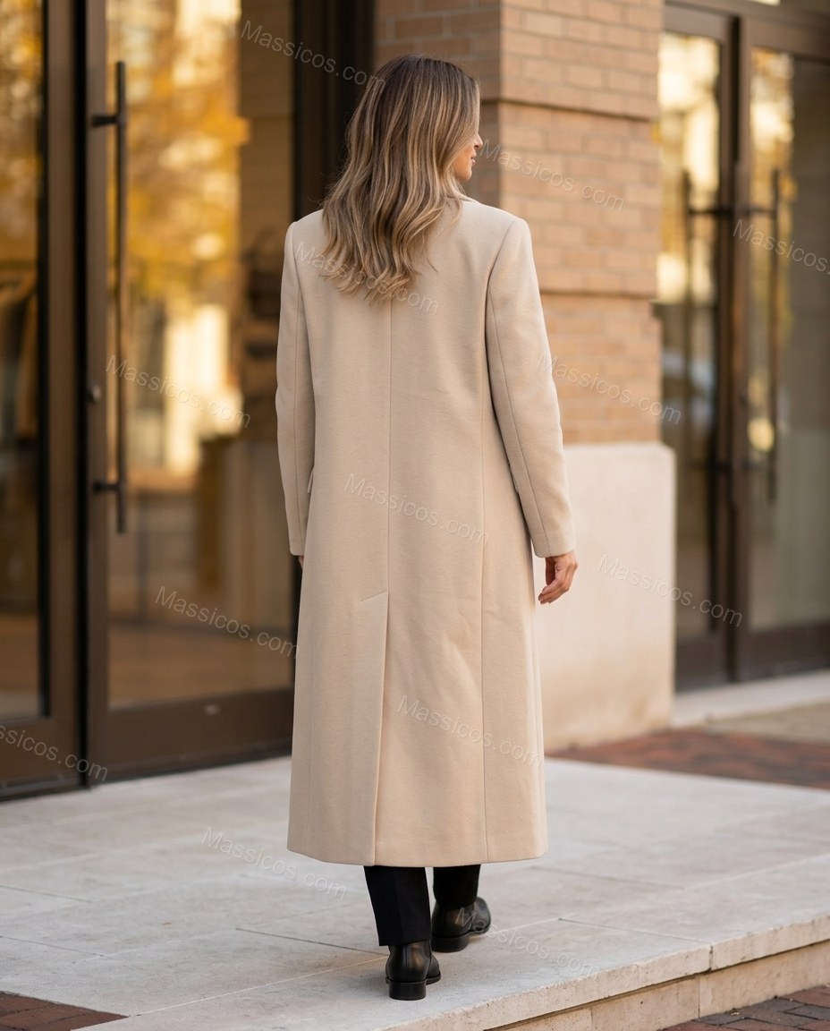 Beige Coat, movement and fit lifestyle view, by Massicos