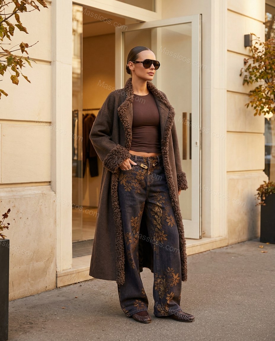 Dark Brown Lace Faux Shearling Trim Dropped Shoulders Statement Jacket by Massicos