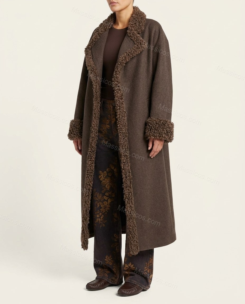 Dark Brown Lace Faux Shearling Trim Dropped Shoulders Statement Jacket by Massicos