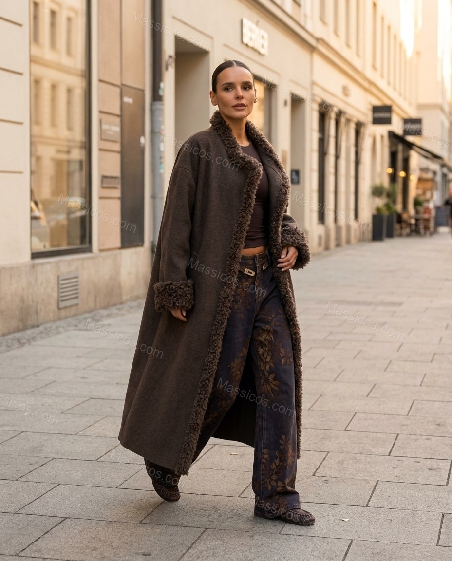 Dark Brown Lace Faux Shearling Trim Dropped Shoulders Statement Jacket by Massicos