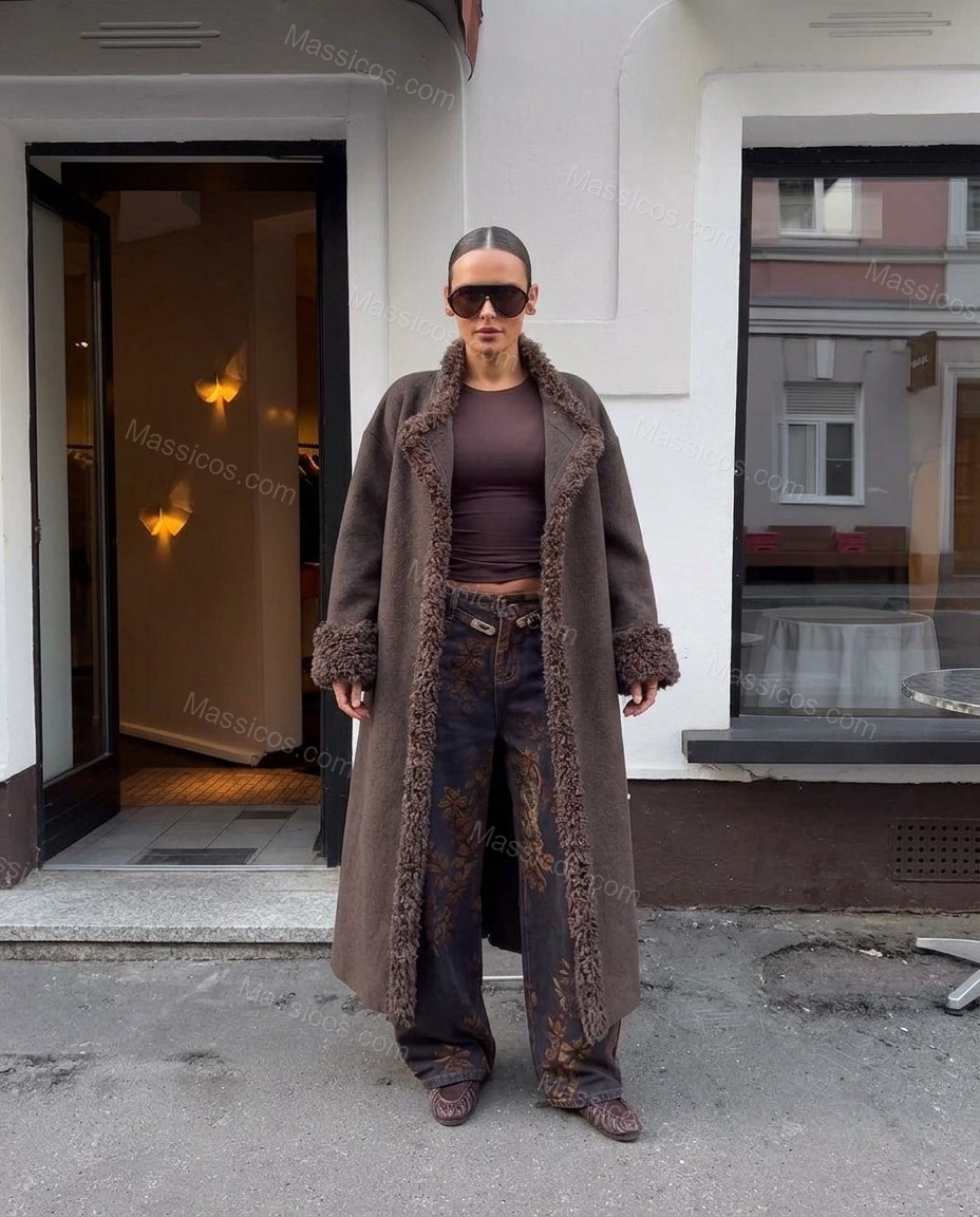 Dark Brown Lace Faux Shearling Trim Dropped Shoulders Statement Jacket by Massicos