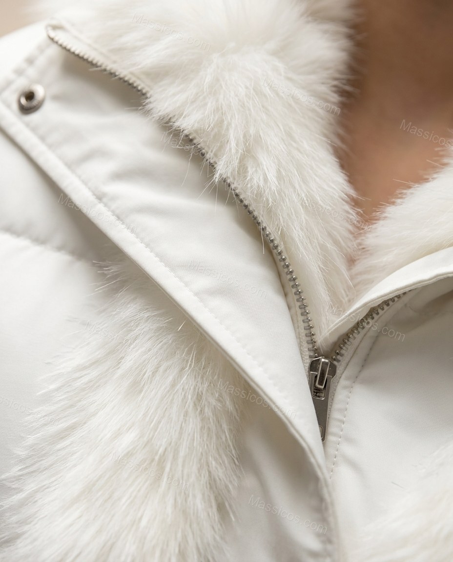White Faux-Fur Jacket, close-up of faux fur trim, zipper closure and faux fur collar, by Massicos