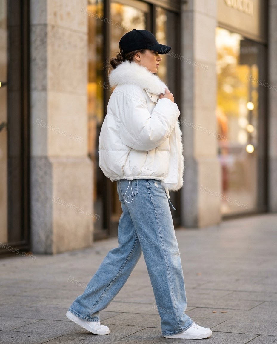 White Faux-Fur Jacket, movement and fit lifestyle view, by Massicos
