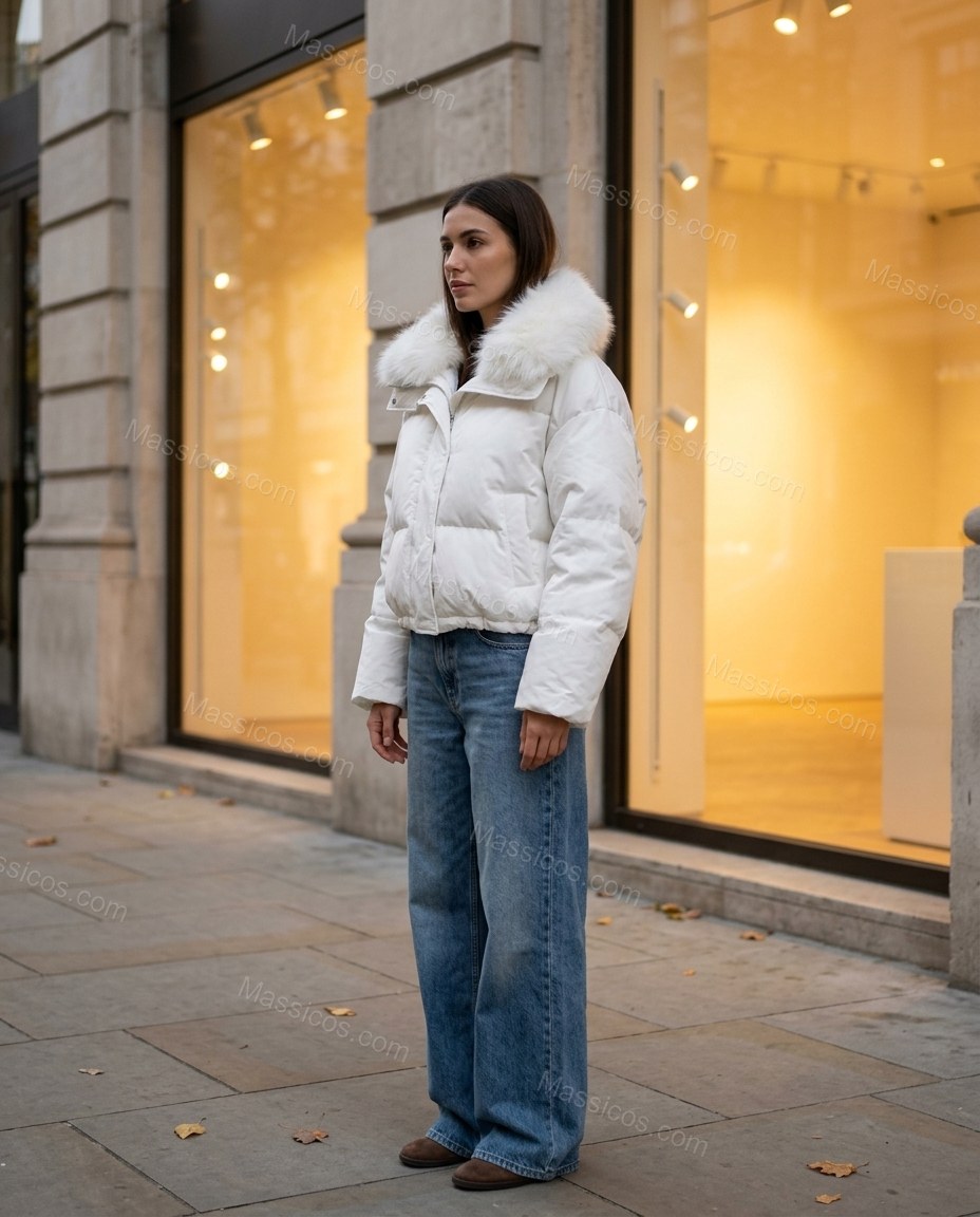 White Faux-Fur Jacket, three-quarter brand lifestyle view, by Massicos