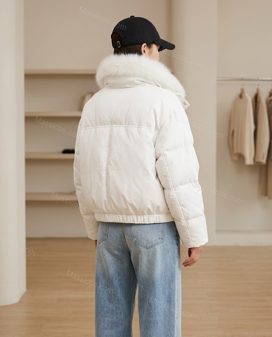 White Faux-Fur Jacket, back studio view showing puffed back panels with a high, fur-trimmed collar, by Massicos