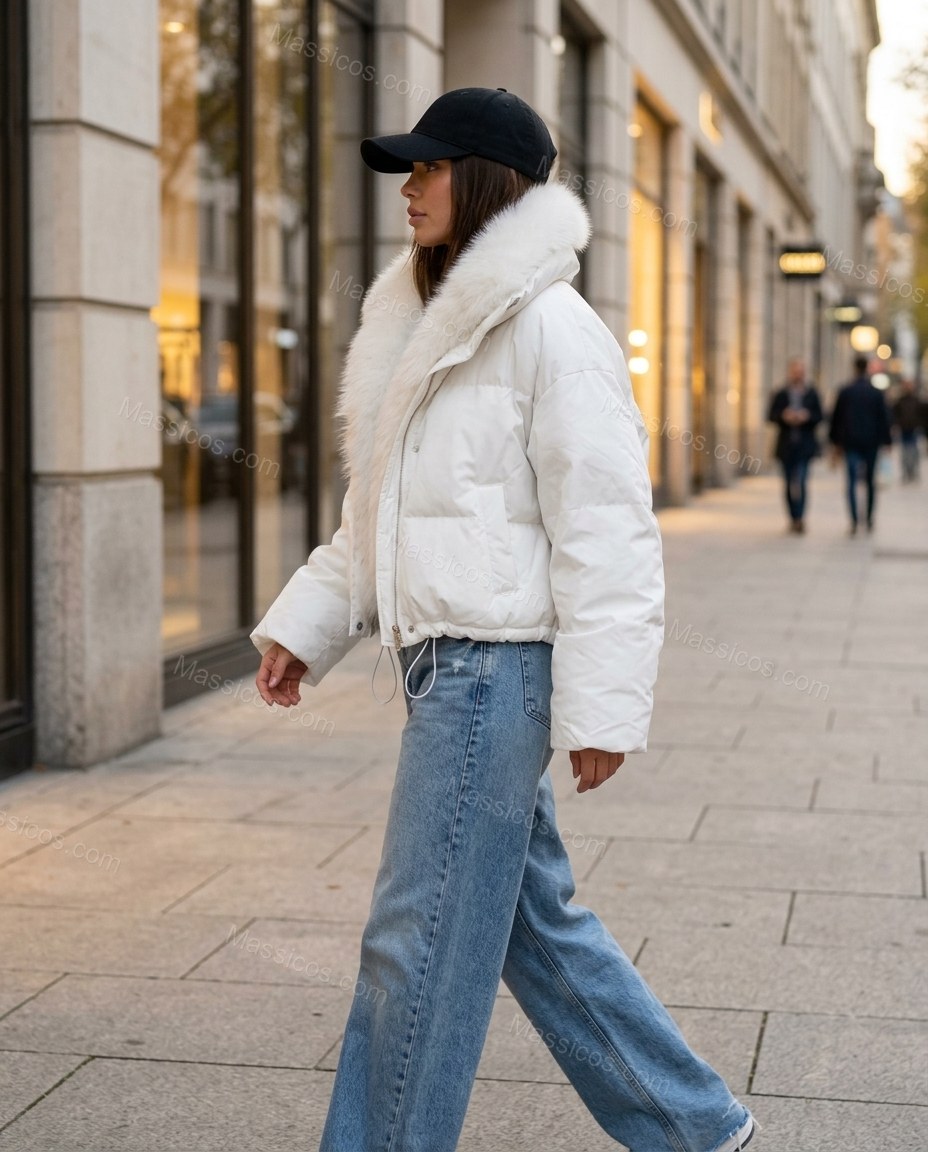 White Faux-Fur Jacket, walking lifestyle view, by Massicos