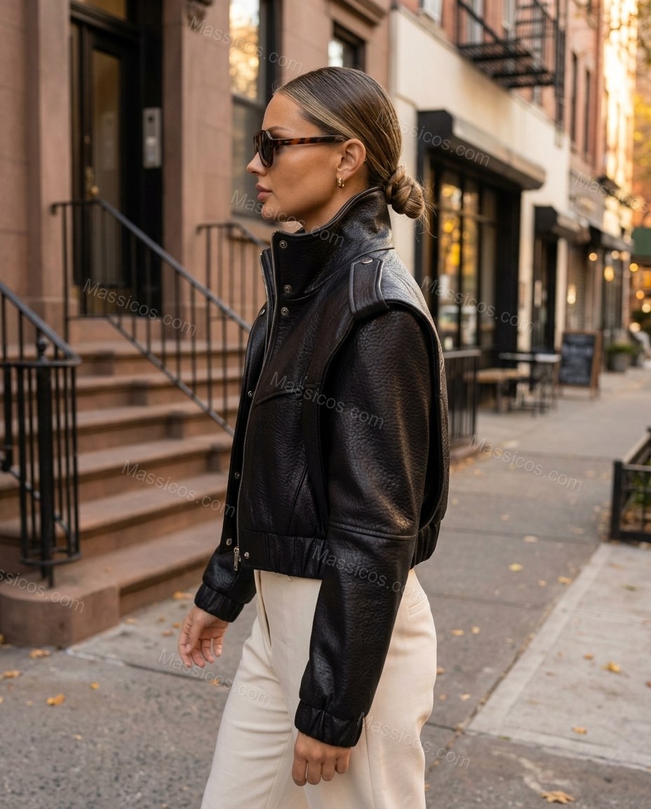 Black Jacket, walking lifestyle view, by Massicos