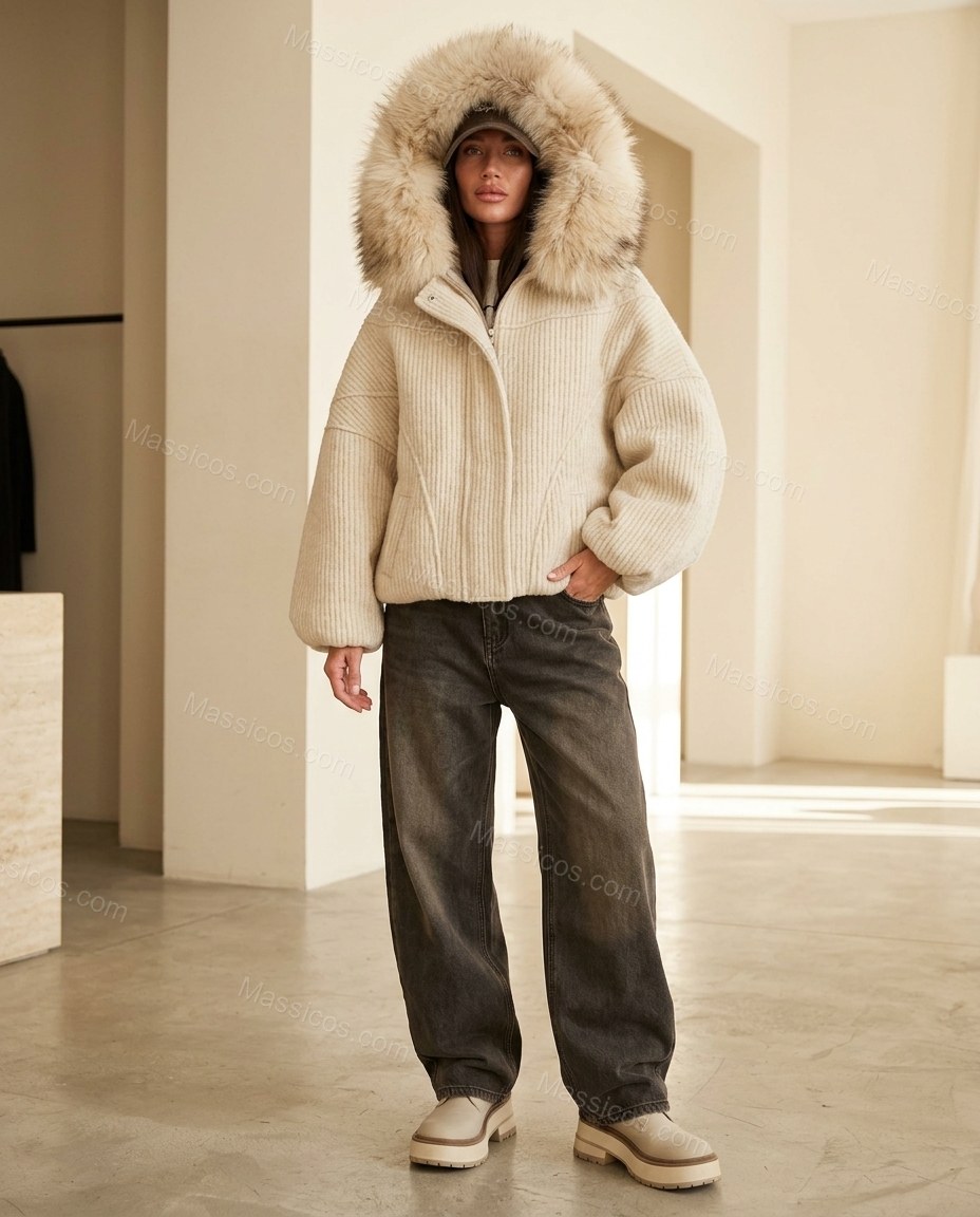 Light Beige Faux-Fur Jacket, full-length hero view, by Massicos