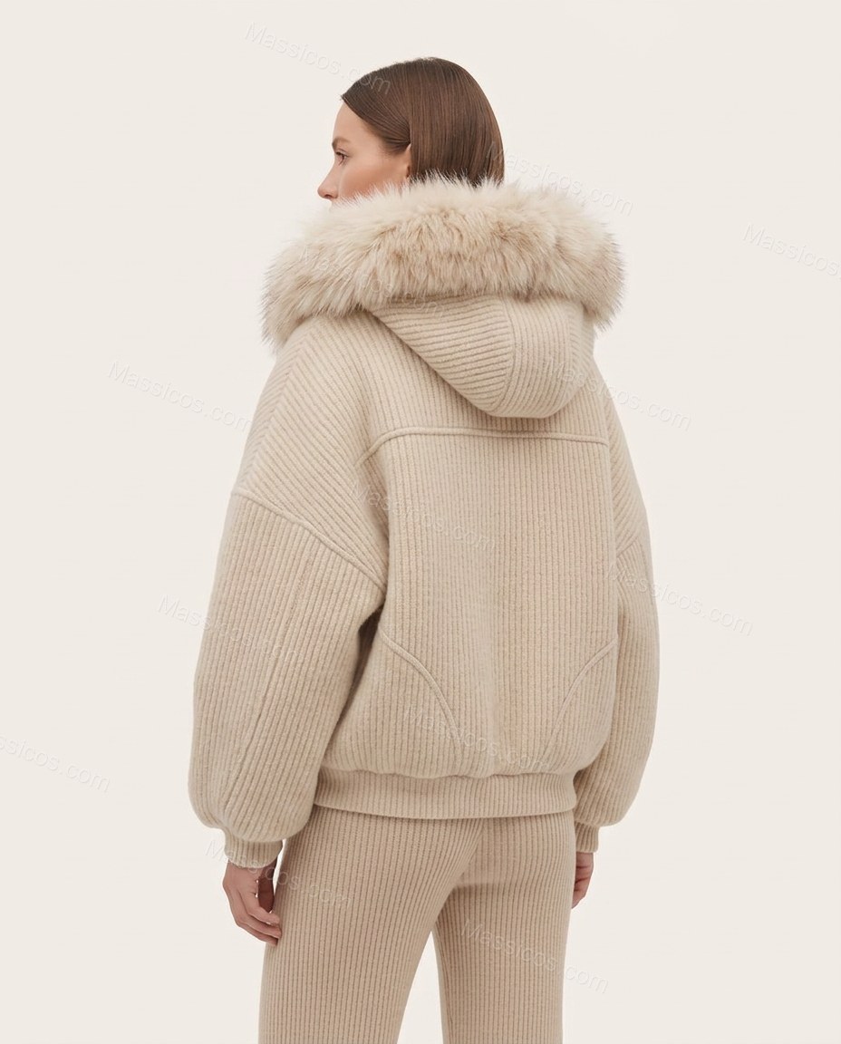 Light Beige Faux-Fur Knit Ribbed Jacket, back studio view, by Massicos