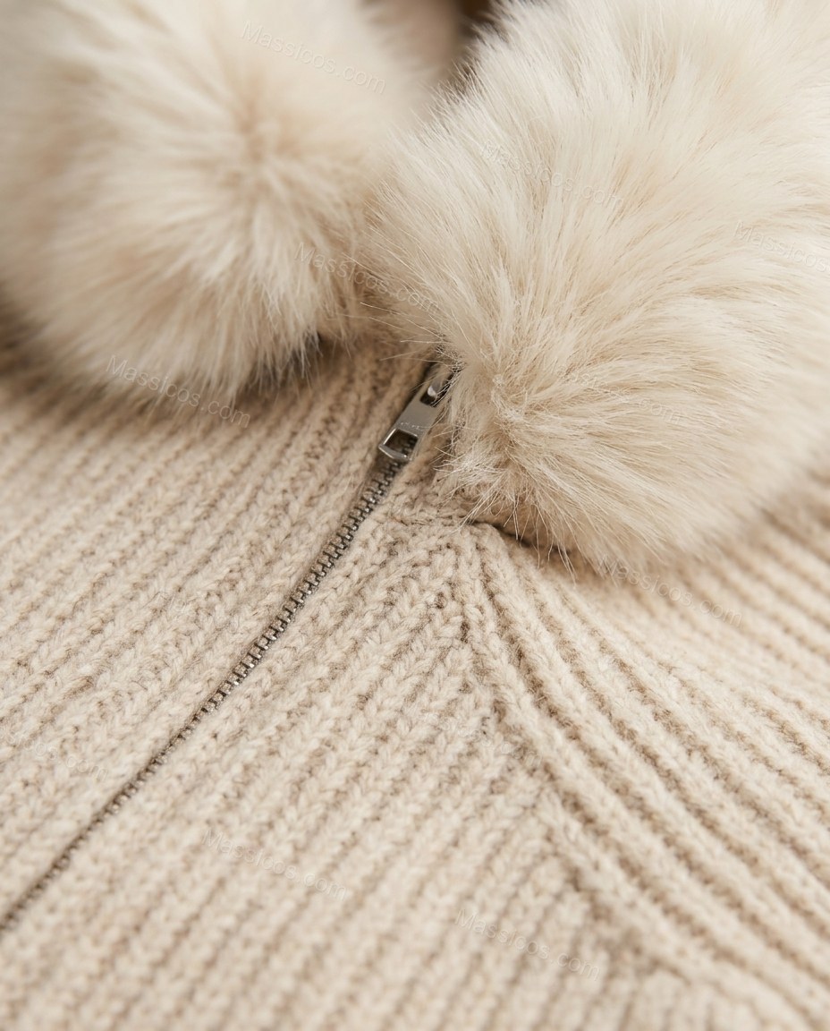 Light Beige Faux-Fur Knit Ribbed Jacket, close-up of cream accents, full zip front and hood, by Massicos