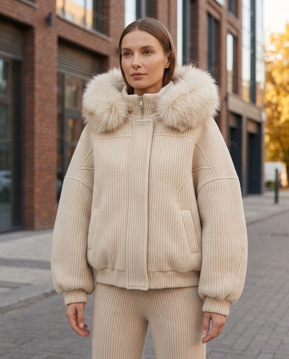 Light Beige Faux-Fur Knit Ribbed Jacket, full-length hero view, by Massicos