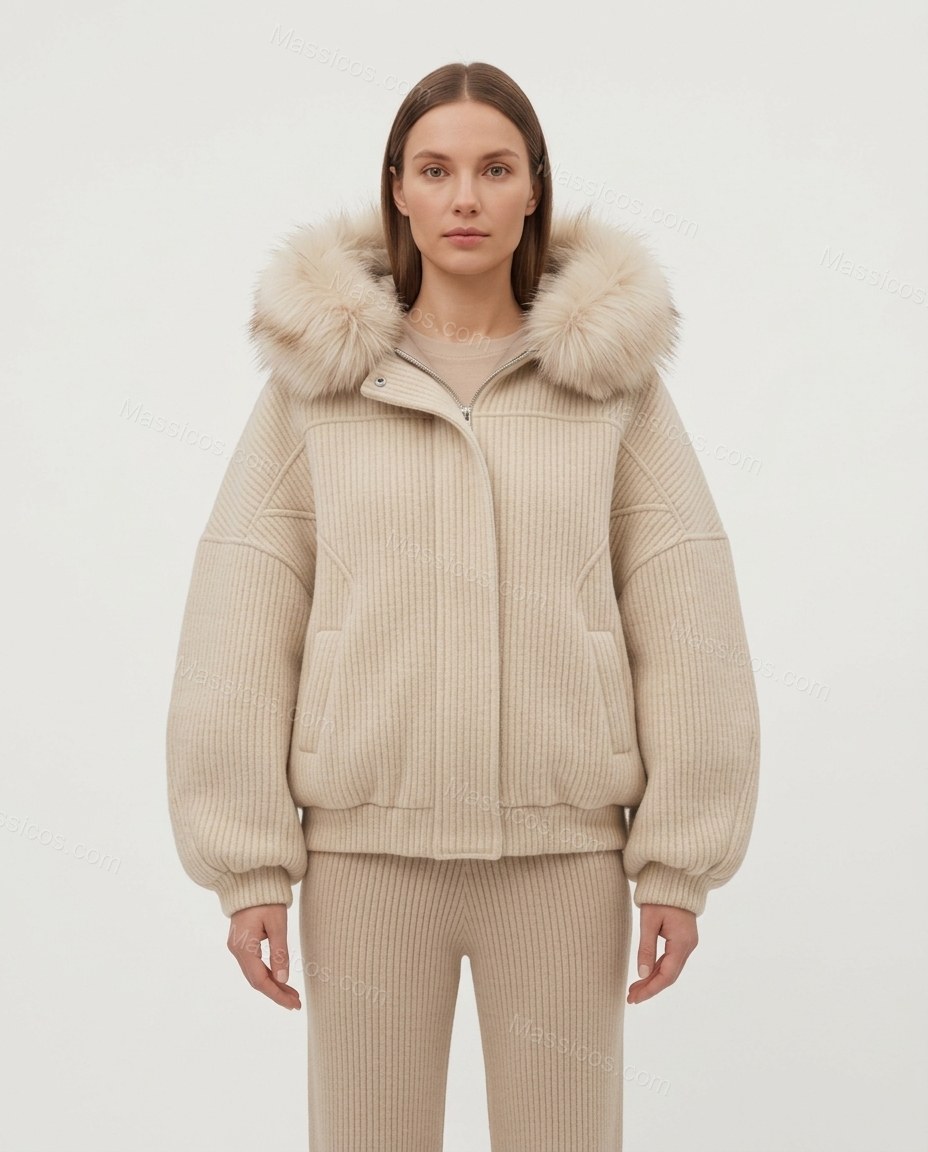 Light Beige Faux-Fur Knit Ribbed Jacket, front studio view, by Massicos