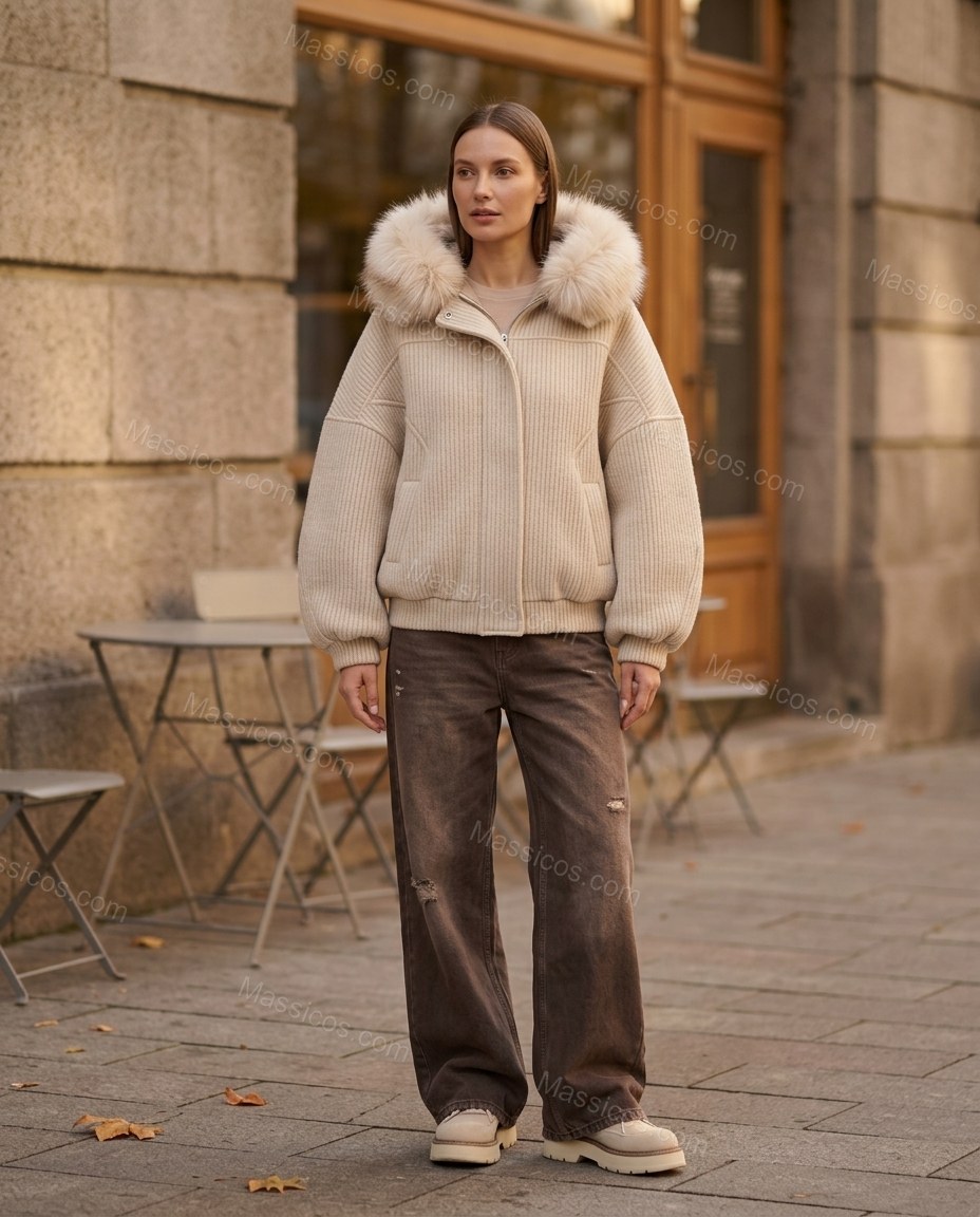 Light Beige Faux-Fur Knit Ribbed Jacket, alternate use-case lifestyle view, by Massicos