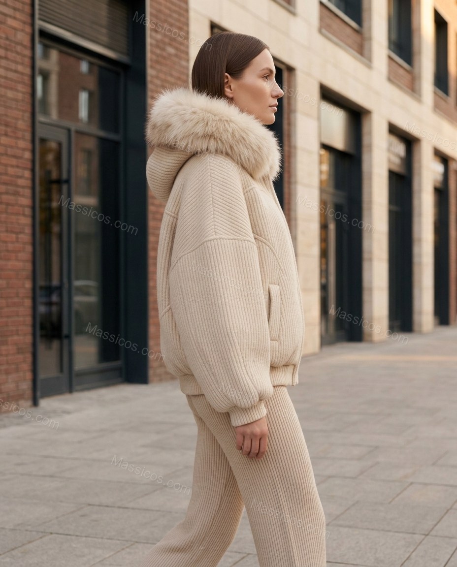 Light Beige Faux-Fur Knit Ribbed Jacket, walking lifestyle view, by Massicos