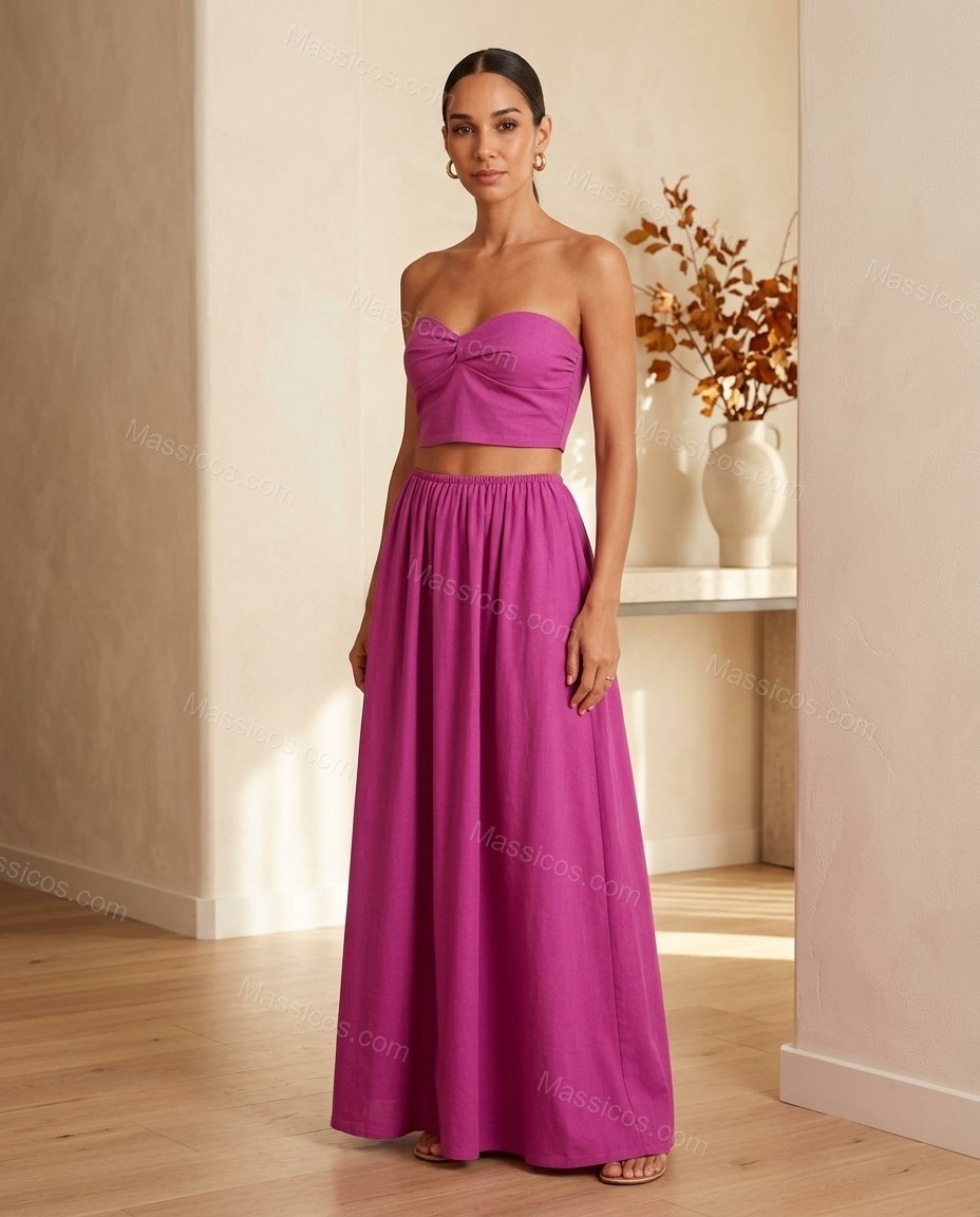 Magenta Maxi Strapless Top & Skirt Set, full-length hero view, by Massicos