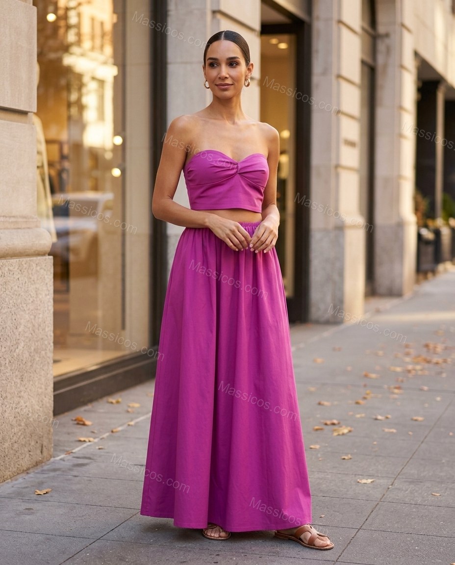 Magenta Maxi Strapless Top & Skirt Set, three-quarter brand lifestyle view, by Massicos