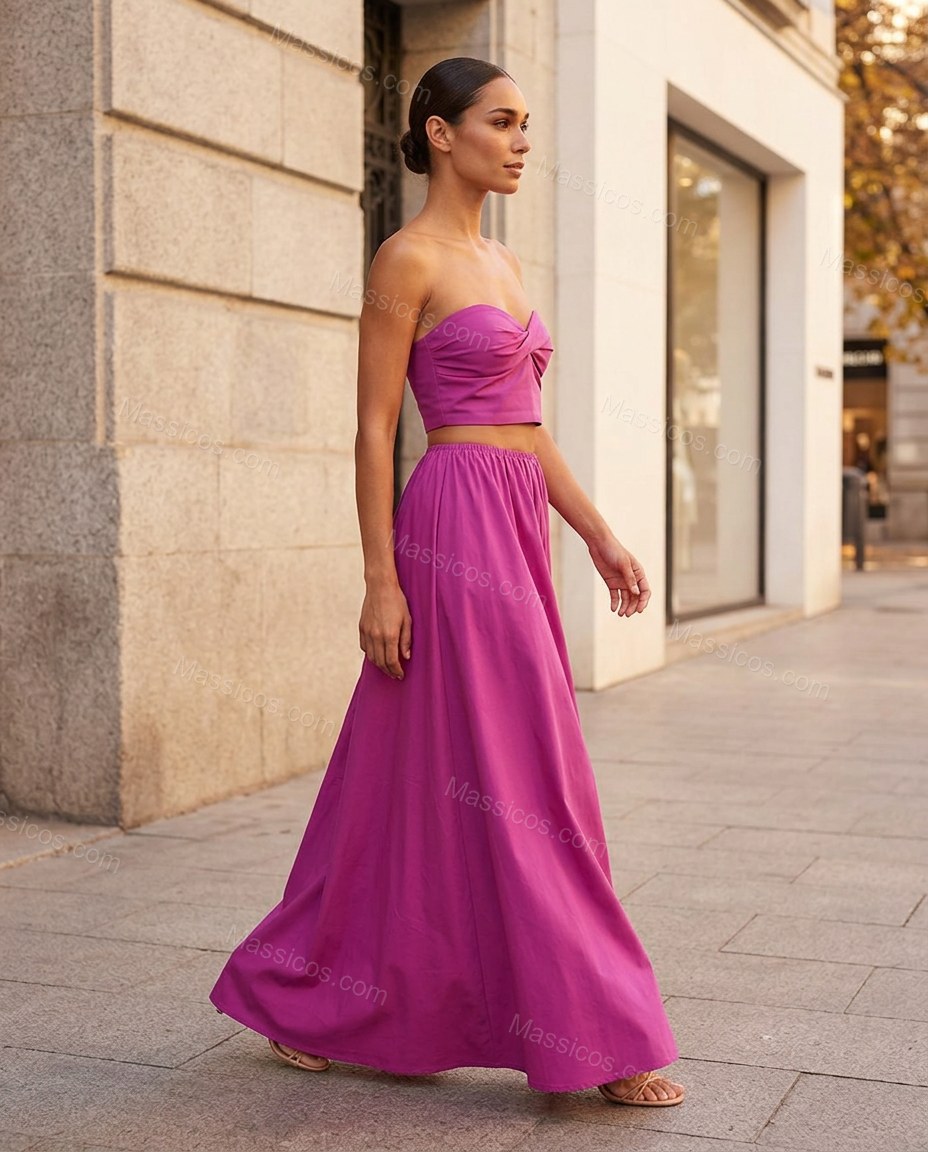 Magenta Maxi Strapless Top & Skirt Set, movement and fit lifestyle view, by Massicos