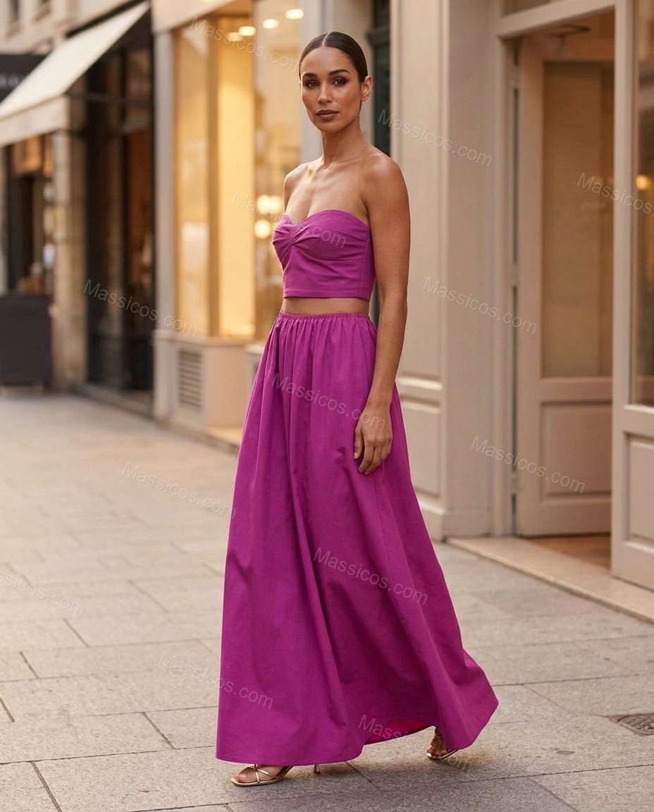 Magenta Maxi Strapless Top & Skirt Set, walking lifestyle view, by Massicos