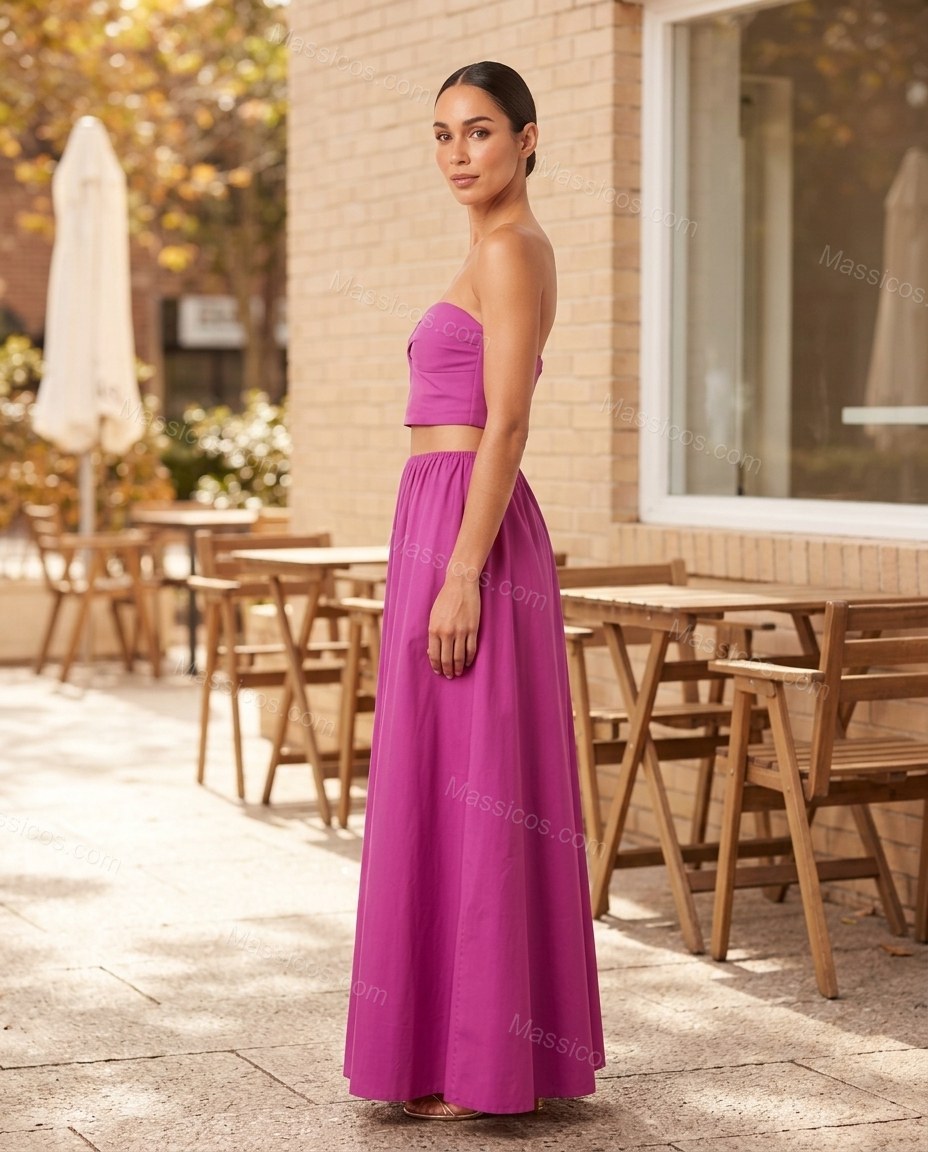 Magenta Maxi Strapless Top & Skirt Set, alternate use-case lifestyle view, by Massicos