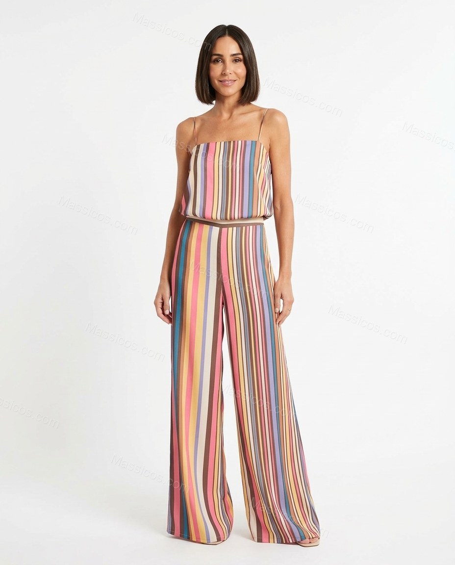 Multi-Color Striped Open-Back Cowl-Neck Jumpsuit, full-length hero view, by Massicos