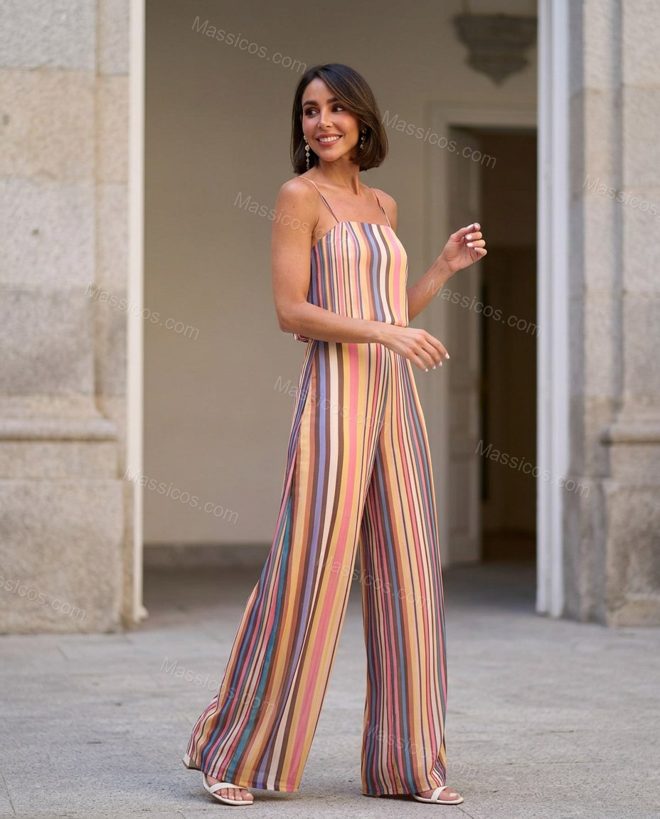 Multi-Color Striped Open-Back Cowl-Neck Jumpsuit, walking lifestyle view, by Massicos
