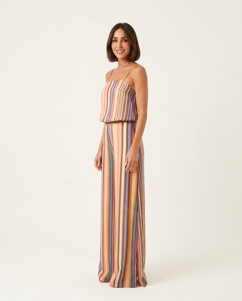 Multi-Color Striped Open-Back Cowl-Neck Jumpsuit, side and back studio view showing low draped cowl back with thin spaghetti straps, by Massicos