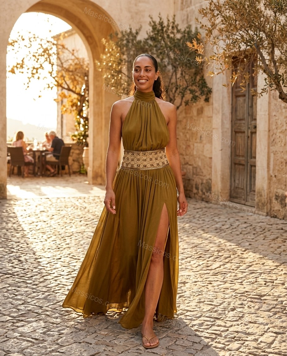 Olive Green Maxi Open-Back Halter Dress, movement and fit lifestyle view, by Massicos