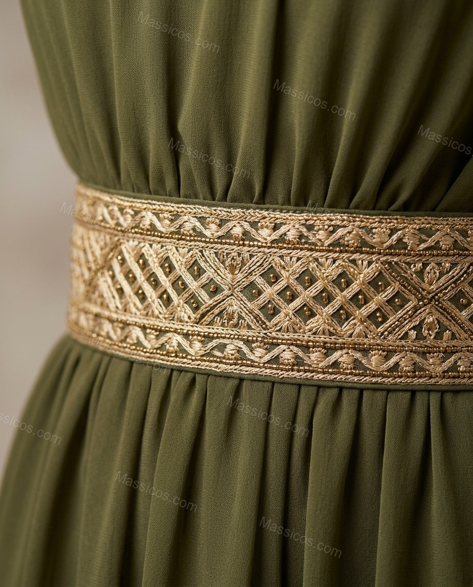 Olive Green Maxi Open-Back Halter Dress, close-up of gold and beige embroidery, halter neck and empire waist, by Massicos