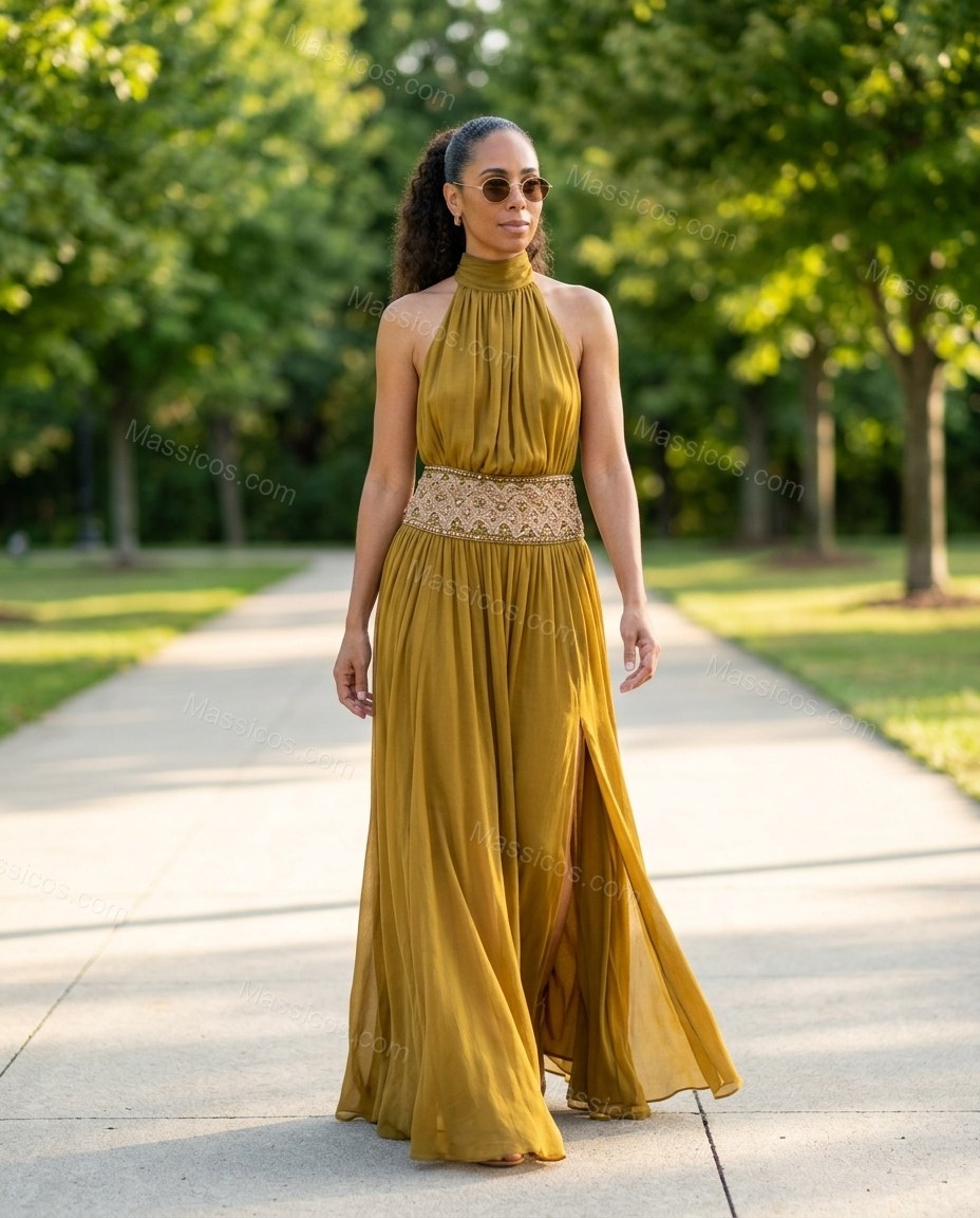 Olive Green Maxi Open-Back Halter Dress, full-length hero view, by Massicos