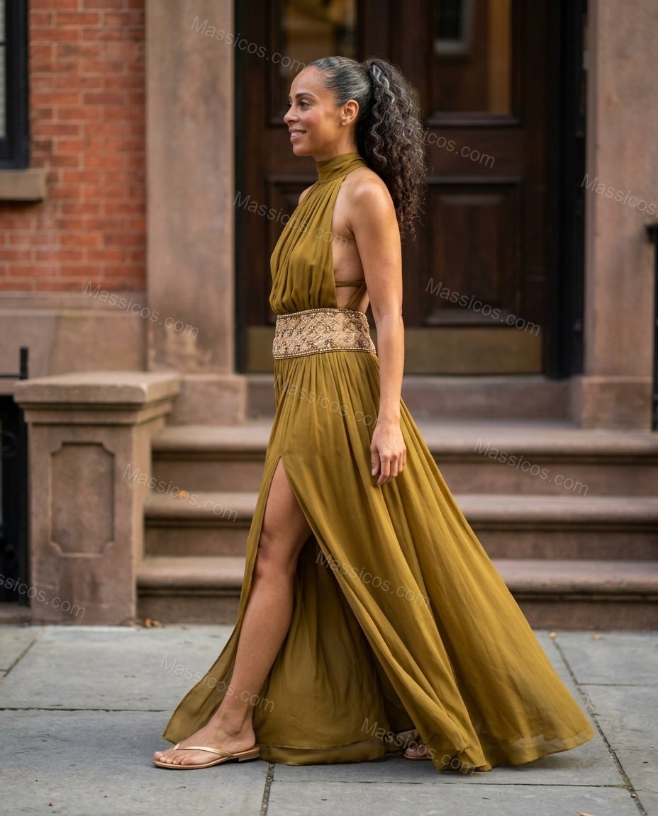 Olive Green Maxi Open-Back Halter Dress, three-quarter brand lifestyle view, by Massicos
