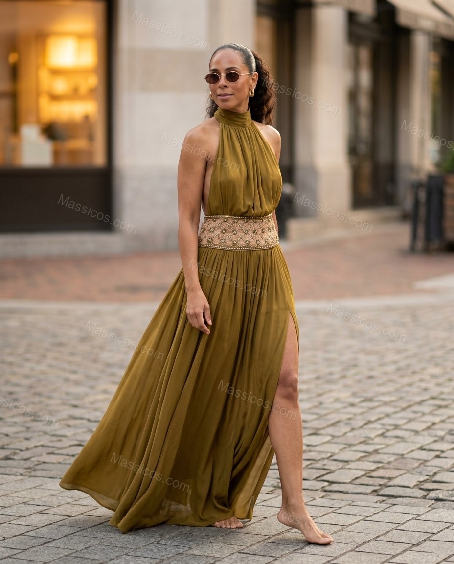 Olive Green Maxi Open-Back Halter Dress, walking lifestyle view, by Massicos