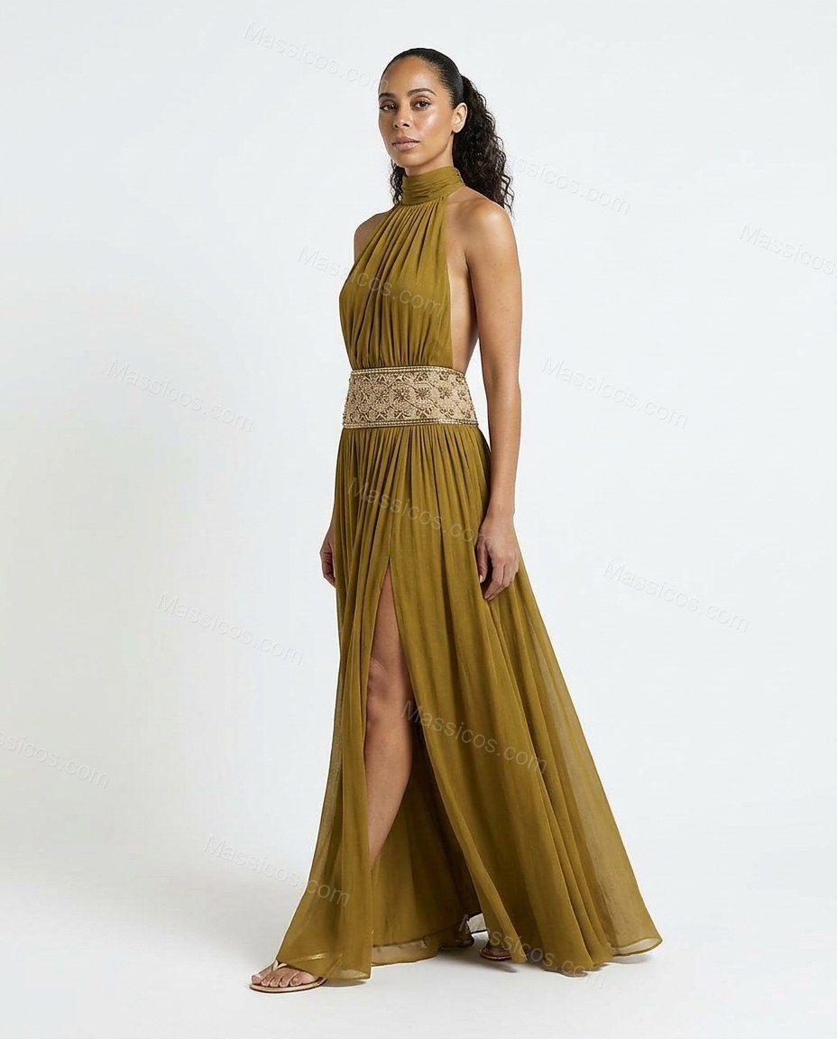 Olive Green Maxi Open-Back Halter Dress, side and back studio view showing open back with halter neck straps, by Massicos