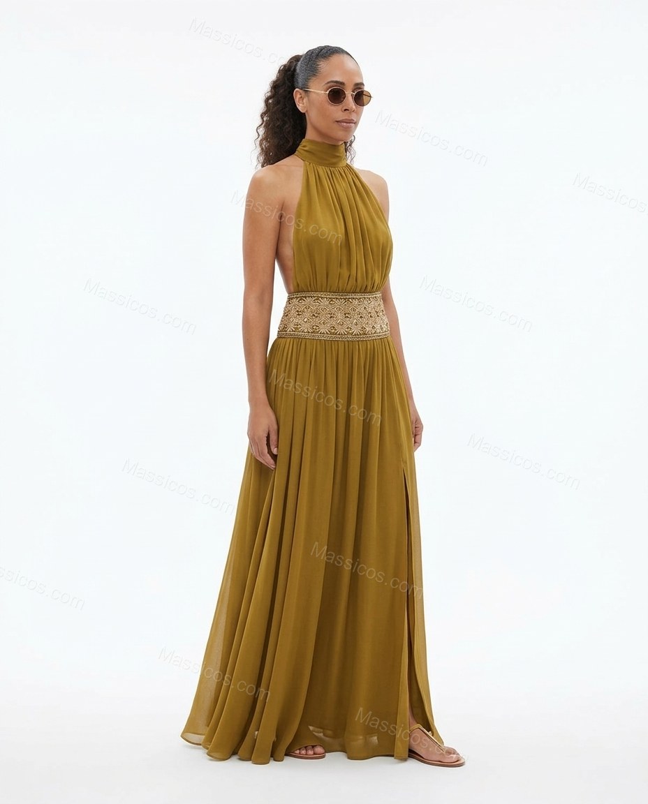 Olive Green Maxi Open-Back Halter Dress, front studio view, by Massicos