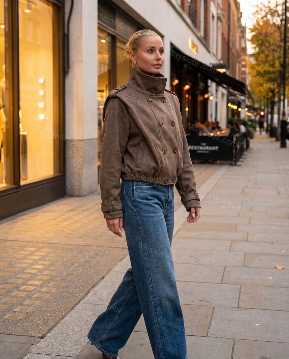 Brown Jacket, movement and fit lifestyle view, by Massicos