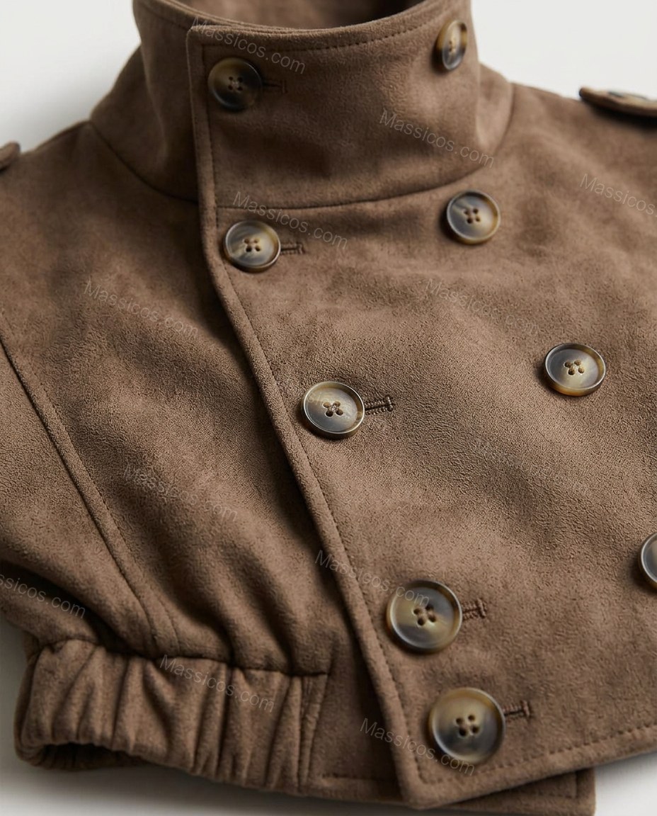 Brown Jacket, close-up of double-breasted, button closure and shoulder epaulets, by Massicos